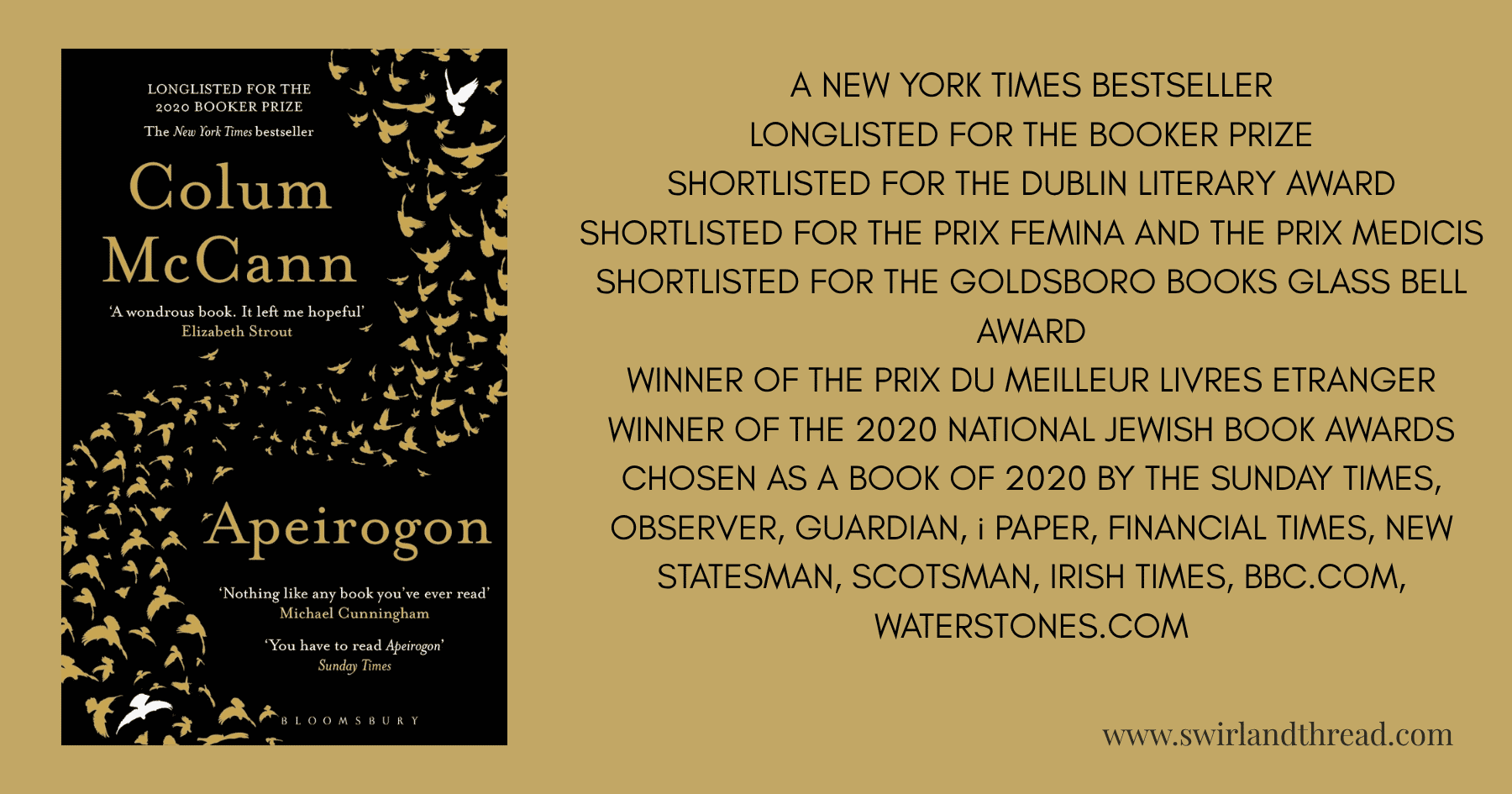 Cover of Apeirogon by Colum McCann with a list of all the accolades and awards