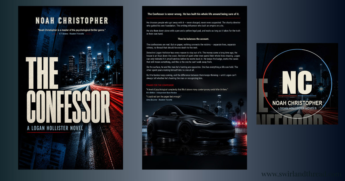 The Confessor feature Feature image for The Confessor by Noah Christopher with back & front cover of the book displayed against a dark background